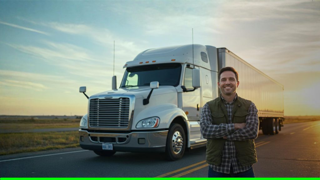 ruck driver standing beside semi-truck at sunrise during Truck Driver Week