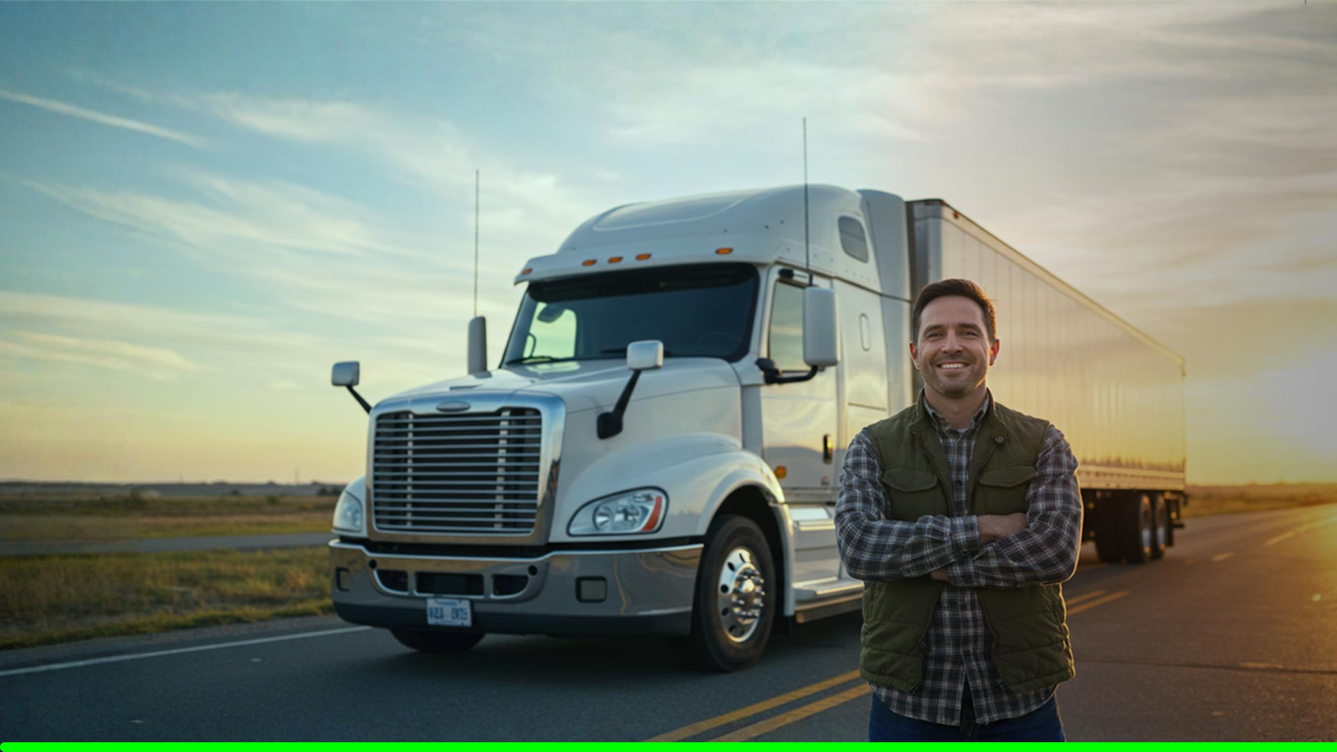 ruck driver standing beside semi-truck at sunrise during Truck Driver Week