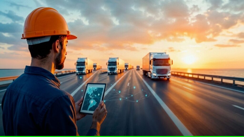 Logistics Management Trucks on highway at sunset, technology.