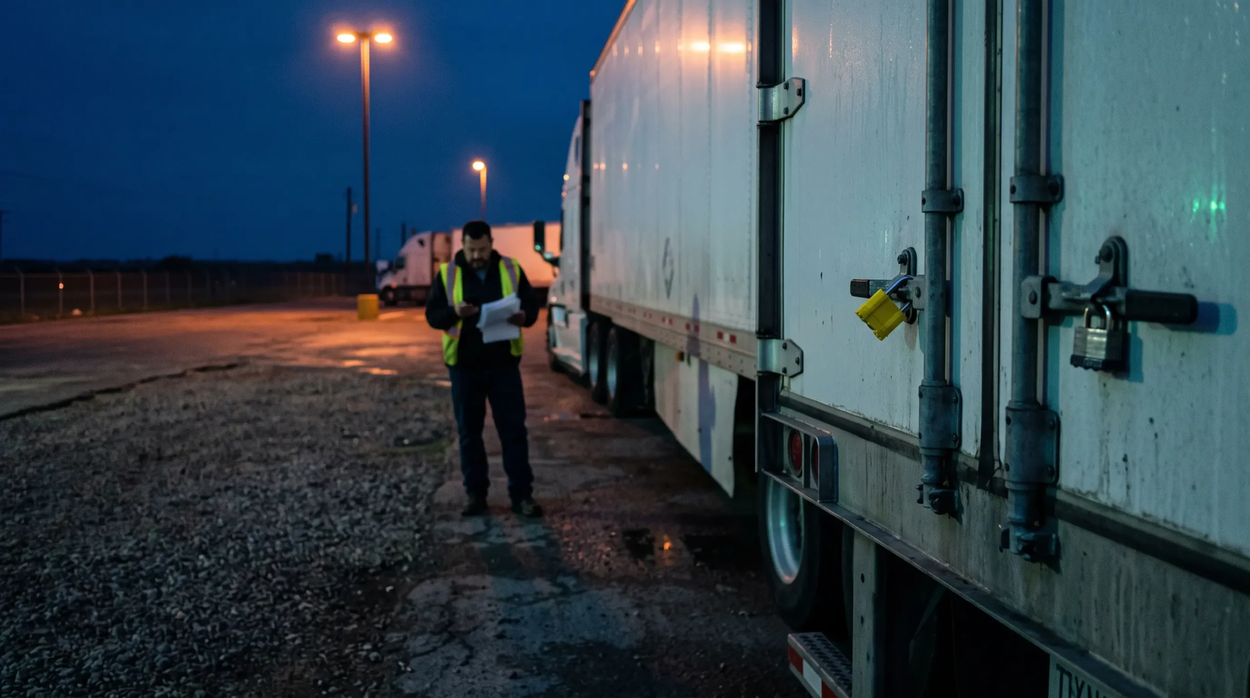 cargo theft prevention strategies. A locked truck with a man standing beside